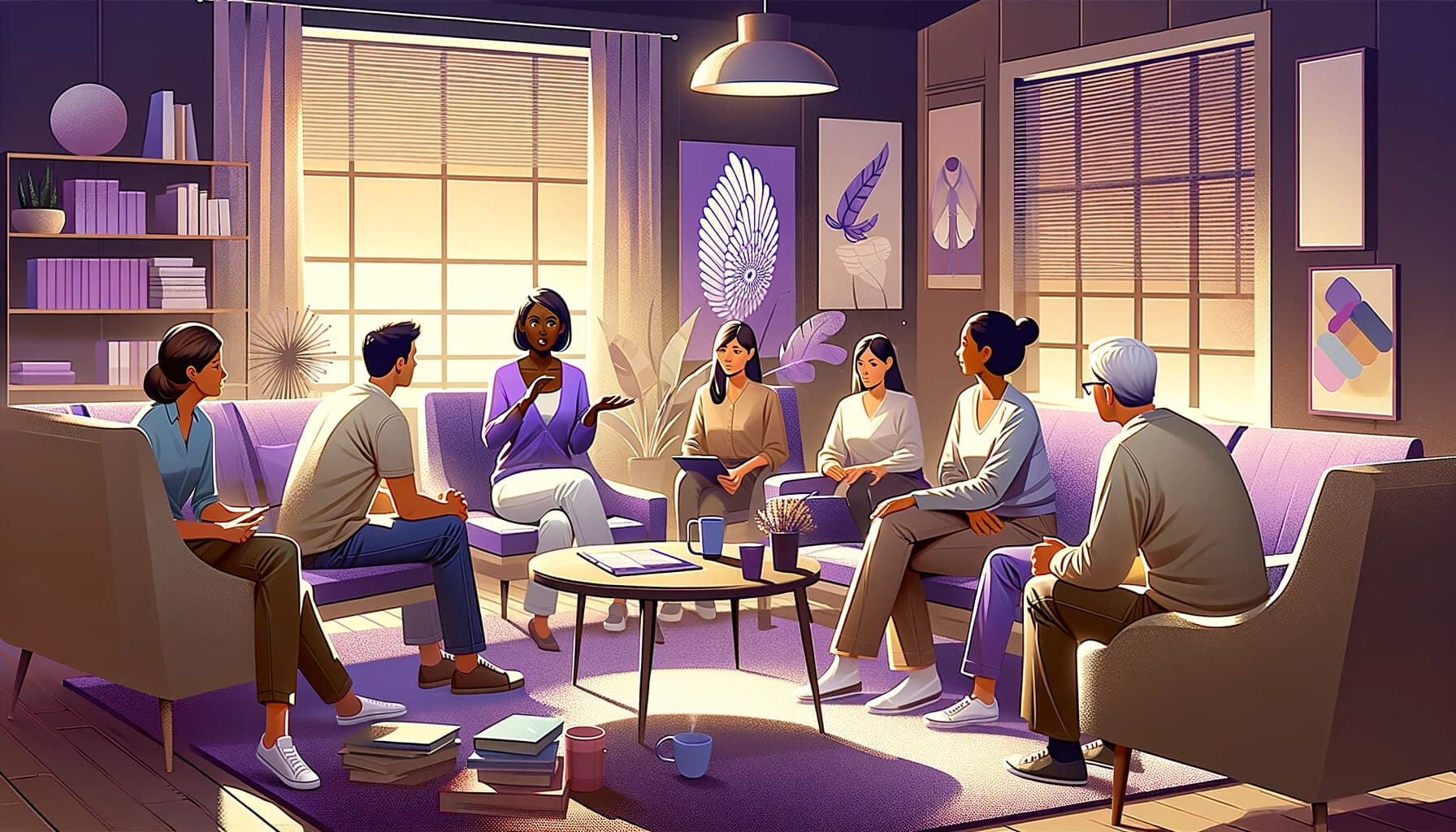 Life coaching session with diverse participants in a purple-themed room. A middle-aged Black woman coach is actively engaging with attentive clients, including a young Asian man, a middle-aged Hispanic woman, and an elderly White man, all focused and taking notes